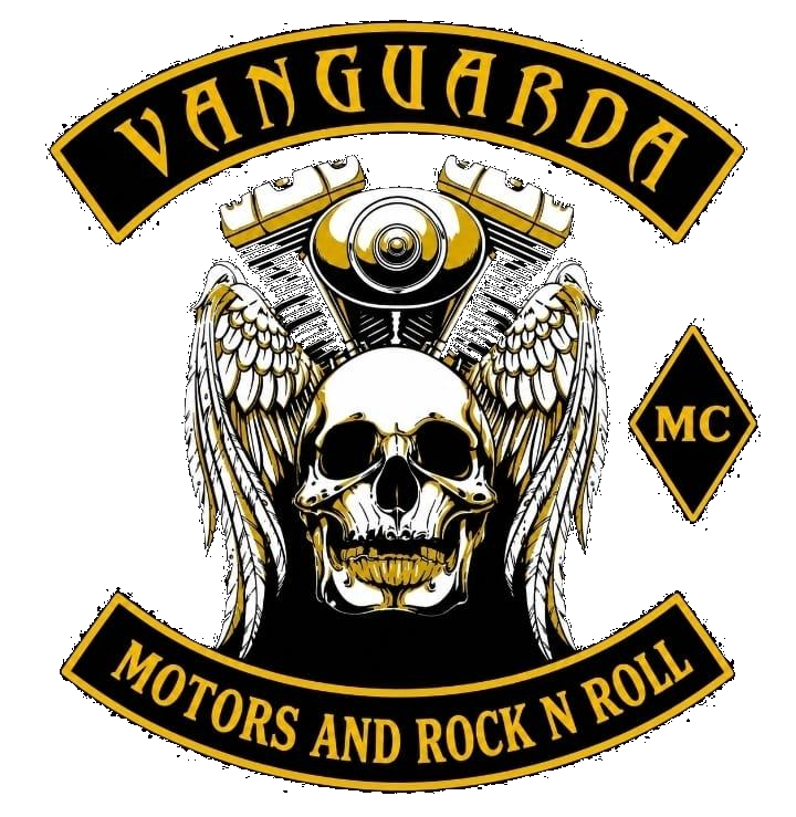 Brasão do Vanguarda Motors and Rock N Roll: caveira alada sobre motor V-twin